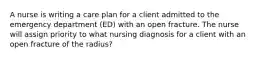 A nurse is writing a care plan for a client admitted to the emergency department (ED) with an open fracture. The nurse will assign priority to what nursing diagnosis for a client with an open fracture of the radius?