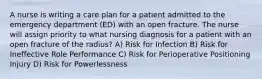 A nurse is writing a care plan for a patient admitted to the emergency department (ED) with an open fracture. The nurse will assign priority to what nursing diagnosis for a patient with an open fracture of the radius? A) Risk for Infection B) Risk for Ineffective Role Performance C) Risk for Perioperative Positioning Injury D) Risk for Powerlessness