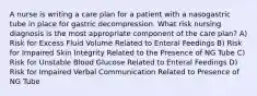 A nurse is writing a care plan for a patient with a nasogastric tube in place for gastric decompression. What risk nursing diagnosis is the most appropriate component of the care plan? A) Risk for Excess Fluid Volume Related to Enteral Feedings B) Risk for Impaired Skin Integrity Related to the Presence of NG Tube C) Risk for Unstable Blood Glucose Related to Enteral Feedings D) Risk for Impaired Verbal Communication Related to Presence of NG Tube