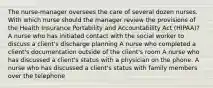 The nurse-manager oversees the care of several dozen nurses. With which nurse should the manager review the provisions of the Health Insurance Portability and Accountability Act (HIPAA)? A nurse who has initiated contact with the social worker to discuss a client's discharge planning A nurse who completed a client's documentation outside of the client's room A nurse who has discussed a client's status with a physician on the phone. A nurse who has discussed a client's status with family members over the telephone