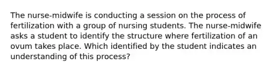 The nurse-midwife is conducting a session on the process of fertilization with a group of nursing students. The nurse-midwife asks a student to identify the structure where fertilization of an ovum takes place. Which identified by the student indicates an understanding of this process?