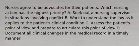 Nurses agree to be advocates for their patients. Which nursing action has the highest priority? A. Seek out a nursing supervisor in situations involving conflict B. Work to understand the law as it applies to the patient's clinical condition C. Assess the patient's point of view and prepare to articulate this point of view D. Document all clinical changes in the medical record in a timely manner