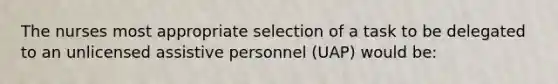 The nurses most appropriate selection of a task to be delegated to an unlicensed assistive personnel (UAP) would be: