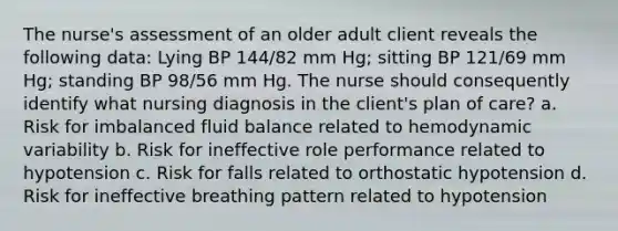 The nurse's assessment of an older adult client reveals the following data: Lying BP 144/82 mm Hg; sitting BP 121/69 mm Hg; standing BP 98/56 mm Hg. The nurse should consequently identify what nursing diagnosis in the client's plan of care? a. Risk for imbalanced fluid balance related to hemodynamic variability b. Risk for ineffective role performance related to hypotension c. Risk for falls related to orthostatic hypotension d. Risk for ineffective breathing pattern related to hypotension