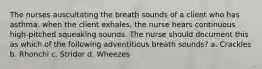 The nurses auscultating the breath sounds of a client who has asthma. when the client exhales, the nurse hears continuous high-pitched squeaking sounds. The nurse should document this as which of the following adventitious breath sounds? a. Crackles b. Rhonchi c. Stridor d. Wheezes