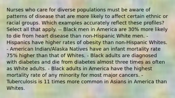 Nurses who care for diverse populations must be aware of patterns of disease that are more likely to affect certain ethnic or racial groups. Which examples accurately reflect these profiles? Select all that apply. -- Black men in America are 30% more likely to die from heart disease than non-Hispanic White men. - Hispanics have higher rates of obesity than non-Hispanic Whites. - American Indian/Alaska Natives have an infant mortality rate 75% higher than that of Whites. - Black adults are diagnosed with diabetes and die from diabetes almost three times as often as White adults. - Black adults in America have the highest mortality rate of any minority for most major cancers. - Tuberculosis is 11 times more common in Asians in America than Whites.