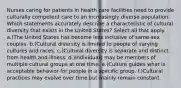 Nurses caring for patients in health care facilities need to provide culturally competent care to an increasingly diverse population. Which statements accurately describe a characteristic of cultural diversity that exists in the United States? Select all that apply. a.)The United States has become less inclusive of same-sex couples. b.)Cultural diversity is limited to people of varying cultures and races. c.)Cultural diversity is separate and distinct from health and illness. d.)Individuals may be members of multiple cultural groups at one time. e.)Culture guides what is acceptable behavior for people in a specific group. f.)Cultural practices may evolve over time but mainly remain constant.