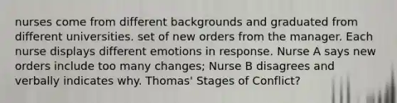 nurses come from different backgrounds and graduated from different universities. set of new orders from the manager. Each nurse displays different emotions in response. Nurse A says new orders include too many changes; Nurse B disagrees and verbally indicates why. Thomas' Stages of Conflict?