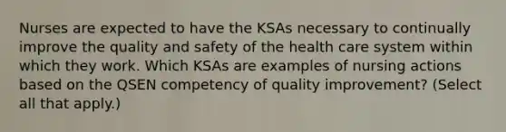 Nurses are expected to have the KSAs necessary to continually improve the quality and safety of the health care system within which they work. Which KSAs are examples of nursing actions based on the QSEN competency of quality improvement? (Select all that apply.)