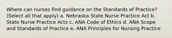 Where can nurses find guidance on the Standards of Practice? (Select all that apply) a. Nebraska State Nurse Practice Act b. State Nurse Practice Acts c. ANA Code of Ethics d. ANA Scope and Standards of Practice e. ANA Principles for Nursing Practice