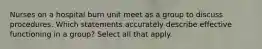 Nurses on a hospital burn unit meet as a group to discuss procedures. Which statements accurately describe effective functioning in a group? Select all that apply.