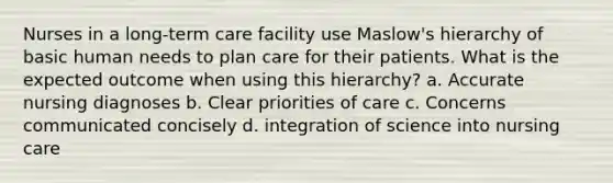 Nurses in a long-term care facility use Maslow's hierarchy of basic human needs to plan care for their patients. What is the expected outcome when using this hierarchy? a. Accurate nursing diagnoses b. Clear priorities of care c. Concerns communicated concisely d. integration of science into nursing care