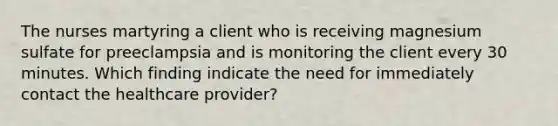 The nurses martyring a client who is receiving magnesium sulfate for preeclampsia and is monitoring the client every 30 minutes. Which finding indicate the need for immediately contact the healthcare provider?