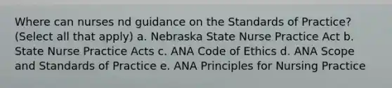 Where can nurses nd guidance on the Standards of Practice? (Select all that apply) a. Nebraska State Nurse Practice Act b. State Nurse Practice Acts c. ANA Code of Ethics d. ANA Scope and Standards of Practice e. ANA Principles for Nursing Practice