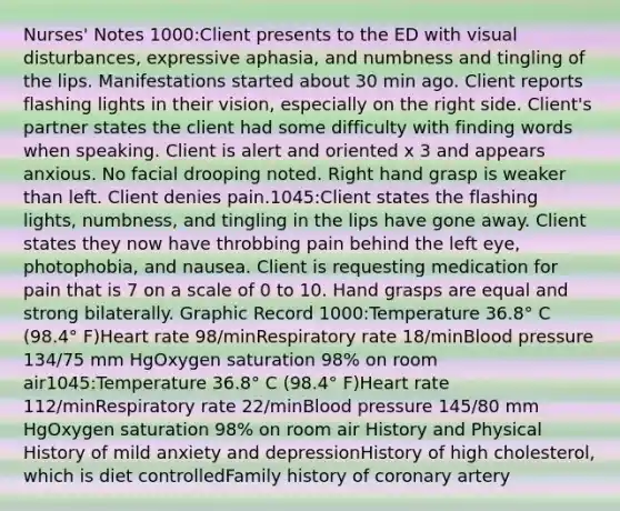 Nurses' Notes 1000:Client presents to the ED with visual disturbances, expressive aphasia, and numbness and tingling of the lips. Manifestations started about 30 min ago. Client reports flashing lights in their vision, especially on the right side. Client's partner states the client had some difficulty with finding words when speaking. Client is alert and oriented x 3 and appears anxious. No facial drooping noted. Right hand grasp is weaker than left. Client denies pain.1045:Client states the flashing lights, numbness, and tingling in the lips have gone away. Client states they now have throbbing pain behind the left eye, photophobia, and nausea. Client is requesting medication for pain that is 7 on a scale of 0 to 10. Hand grasps are equal and strong bilaterally. Graphic Record 1000:Temperature 36.8° C (98.4° F)Heart rate 98/minRespiratory rate 18/minBlood pressure 134/75 mm HgOxygen saturation 98% on room air1045:Temperature 36.8° C (98.4° F)Heart rate 112/minRespiratory rate 22/minBlood pressure 145/80 mm HgOxygen saturation 98% on room air History and Physical History of mild anxiety and depressionHistory of high cholesterol, which is diet controlledFamily history of coronary artery