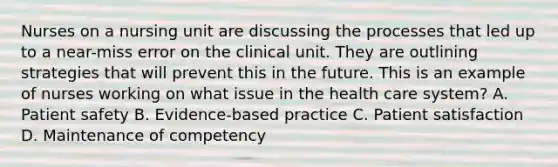 Nurses on a nursing unit are discussing the processes that led up to a near-miss error on the clinical unit. They are outlining strategies that will prevent this in the future. This is an example of nurses working on what issue in the health care system? A. Patient safety B. Evidence-based practice C. Patient satisfaction D. Maintenance of competency