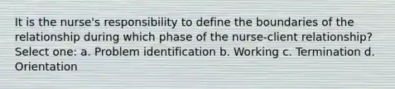 It is the nurse's responsibility to define the boundaries of the relationship during which phase of the nurse-client relationship? Select one: a. Problem identification b. Working c. Termination d. Orientation