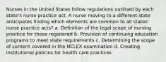 Nurses in the United States follow regulations outlined by each state's nurse practice act. A nurse moving to a different state anticipates finding which elements are common to all states' nurse practice acts? a. Definition of the legal scope of nursing practice for those registered b. Provision of continuing education programs to meet state requirements c. Determining the scope of content covered in the NCLEX examination d. Creating institutional policies for health care practices