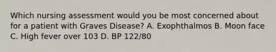 Which nursing assessment would you be most concerned about for a patient with Graves Disease? A. Exophthalmos B. Moon face C. High fever over 103 D. BP 122/80