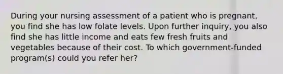 During your nursing assessment of a patient who is pregnant, you find she has low folate levels. Upon further inquiry, you also find she has little income and eats few fresh fruits and vegetables because of their cost. To which government-funded program(s) could you refer her?