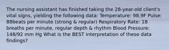 The nursing assistant has finished taking the 28-year-old client's vital signs, yielding the following data: Temperature: 98.9F Pulse: 88beats per minute (strong & regular) Respiratory Rate: 18 breaths per minute, regular depth & rhythm Blood Pressure: 148/92 mm Hg What is the BEST interpretation of these data findings?