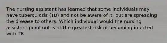 The nursing assistant has learned that some individuals may have tuberculosis (TB) and not be aware of it, but are spreading the disease to others. Which individual would the nursing assistant point out is at the greatest risk of becoming infected with TB