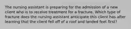 The nursing assistant is preparing for the admission of a new client who is to receive treatment for a fracture. Which type of fracture does the nursing assistant anticipate this client has after learning that the client fell off of a roof and landed feet first?