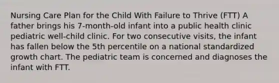 Nursing Care Plan for the Child With Failure to Thrive (FTT) A father brings his 7-month-old infant into a public health clinic pediatric well-child clinic. For two consecutive visits, the infant has fallen below the 5th percentile on a national standardized growth chart. The pediatric team is concerned and diagnoses the infant with FTT.