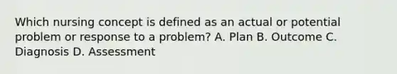 Which nursing concept is defined as an actual or potential problem or response to a problem? A. Plan B. Outcome C. Diagnosis D. Assessment