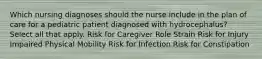 Which nursing diagnoses should the nurse include in the plan of care for a pediatric patient diagnosed with hydrocephalus? Select all that apply. Risk for Caregiver Role Strain Risk for Injury Impaired Physical Mobility Risk for Infection Risk for Constipation