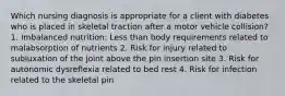 Which nursing diagnosis is appropriate for a client with diabetes who is placed in skeletal traction after a motor vehicle collision? 1. Imbalanced nutrition: Less than body requirements related to malabsorption of nutrients 2. Risk for injury related to subluxation of the joint above the pin insertion site 3. Risk for autonomic dysreflexia related to bed rest 4. Risk for infection related to the skeletal pin