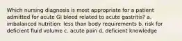 Which nursing diagnosis is most appropriate for a patient admitted for acute GI bleed related to acute gastritis? a. imbalanced nutrition: less than body requirements b. risk for deficient fluid volume c. acute pain d. deficient knowledge