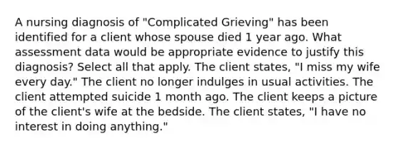 A nursing diagnosis of "Complicated Grieving" has been identified for a client whose spouse died 1 year ago. What assessment data would be appropriate evidence to justify this diagnosis? Select all that apply. The client states, "I miss my wife every day." The client no longer indulges in usual activities. The client attempted suicide 1 month ago. The client keeps a picture of the client's wife at the bedside. The client states, "I have no interest in doing anything."