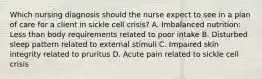 Which nursing diagnosis should the nurse expect to see in a plan of care for a client in sickle cell crisis? A. Imbalanced nutrition: Less than body requirements related to poor intake B. Disturbed sleep pattern related to external stimuli C. Impaired skin integrity related to pruritus D. Acute pain related to sickle cell crisis