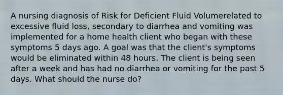 A nursing diagnosis of Risk for Deficient Fluid Volumerelated to excessive fluid loss, secondary to diarrhea and vomiting was implemented for a home health client who began with these symptoms 5 days ago. A goal was that the client's symptoms would be eliminated within 48 hours. The client is being seen after a week and has had no diarrhea or vomiting for the past 5 days. What should the nurse do?