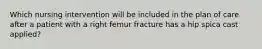 Which nursing intervention will be included in the plan of care after a patient with a right femur fracture has a hip spica cast applied?