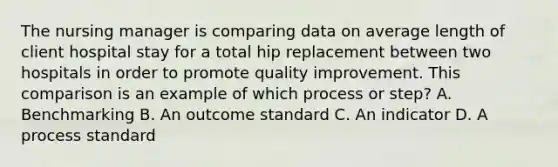 The nursing manager is comparing data on average length of client hospital stay for a total hip replacement between two hospitals in order to promote quality improvement. This comparison is an example of which process or step? A. Benchmarking B. An outcome standard C. An indicator D. A process standard