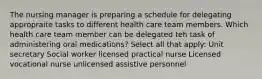 The nursing manager is preparing a schedule for delegating appropraite tasks to different health care team members. Which health care team member can be delegated teh task of administering oral medications? Select all that apply: Unit secretary Social worker licensed practical nurse Licensed vocational nurse unlicensed assistive personnel