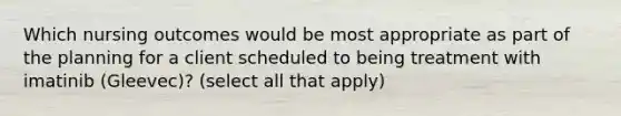 Which nursing outcomes would be most appropriate as part of the planning for a client scheduled to being treatment with imatinib (Gleevec)? (select all that apply)