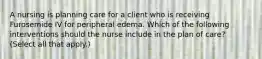 A nursing is planning care for a client who is receiving Furosemide IV for peripheral edema. Which of the following interventions should the nurse include in the plan of care? (Select all that apply.)