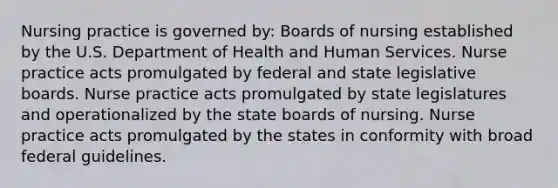 Nursing practice is governed by: Boards of nursing established by the U.S. Department of Health and Human Services. Nurse practice acts promulgated by federal and state legislative boards. Nurse practice acts promulgated by state legislatures and operationalized by the state boards of nursing. Nurse practice acts promulgated by the states in conformity with broad federal guidelines.