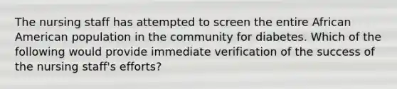 The nursing staff has attempted to screen the entire African American population in the community for diabetes. Which of the following would provide immediate verification of the success of the nursing staff's efforts?