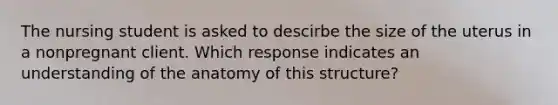 The nursing student is asked to descirbe the size of the uterus in a nonpregnant client. Which response indicates an understanding of the anatomy of this structure?