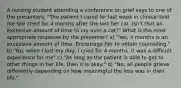 A nursing student attending a conference on grief says to one of the presenters, "The patient I cared for last week in clinical told me she cried for 4 months after she lost her cat. Isn't that an excessive amount of time to cry over a cat?" What is the most appropriate response by the presenter? a) "Yes, 4 months is an excessive amount of time. Encourage her to obtain counseling." b) "No, when I lost my dog, I cried for 4 months. It was a difficult experience for me" c) "As long as the patient is able to get to other things in her life, then it is okay." d) "No, all people grieve differently depending on how meaningful the loss was in their life."