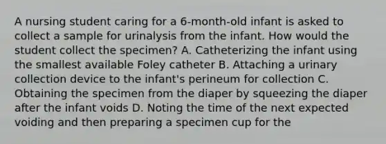 A nursing student caring for a 6-month-old infant is asked to collect a sample for urinalysis from the infant. How would the student collect the specimen? A. Catheterizing the infant using the smallest available Foley catheter B. Attaching a urinary collection device to the infant's perineum for collection C. Obtaining the specimen from the diaper by squeezing the diaper after the infant voids D. Noting the time of the next expected voiding and then preparing a specimen cup for the