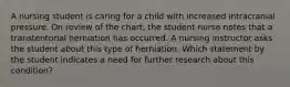 A nursing student is caring for a child with increased intracranial pressure. On review of the chart, the student nurse notes that a transtentorial herniation has occurred. A nursing instructor asks the student about this type of herniation. Which statement by the student indicates a need for further research about this condition?