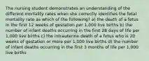 The nursing student demonstrates an understanding of the different mortality rates when she correctly identifies the fetal mortality rate as which of the following? a) the death of a fetus in the first 12 weeks of gestation per 1,000 live births b) the number of infant deaths occurring in the first 28 days of life per 1,000 live births c) the intrauterine death of a fetus who is 20 weeks of gestation or more per 1,000 live births d) the number of infant deaths occurring in the first 3 months of life per 1,000 live births