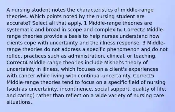 A nursing student notes the characteristics of middle-range theories. Which points noted by the nursing student are accurate? Select all that apply. 1 Middle-range theories are systematic and broad in scope and complexity. Correct2 Middle-range theories provide a basis to help nurses understand how clients cope with uncertainty and the illness response. 3 Middle-range theories do not address a specific phenomenon and do not reflect practices such as administration, clinical, or teaching. Correct4 Middle-range theories include Mishel's theory of uncertainty in illness, which focuses on a client's experiences with cancer while living with continual uncertainty. Correct5 Middle-range theories tend to focus on a specific field of nursing (such as uncertainty, incontinence, social support, quality of life, and caring) rather than reflect on a wide variety of nursing care situations.