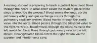 A nursing student is preparing to teach a patient how blood flows through the heart. In what order would the student place these steps to describe the process? Blood enters the lungs via the pulmonary artery and gas exchange occurs through the pulmonary capillary system. Blood moves through the aortic valve into the aorta. Blood passes through the tricuspid valve to the right ventricle. Blood moves through the mitral valve to the left ventricle. Blood flows through pulmonary vein to the left atrium. Deoxygenated blood enters the right atrium via the superior and inferior vena cava.