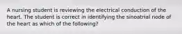 A nursing student is reviewing the electrical conduction of the heart. The student is correct in identifying the sinoatrial node of the heart as which of the following?